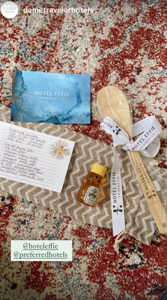 Recipe Card, honey, wooden spoon and a dishtowel. 