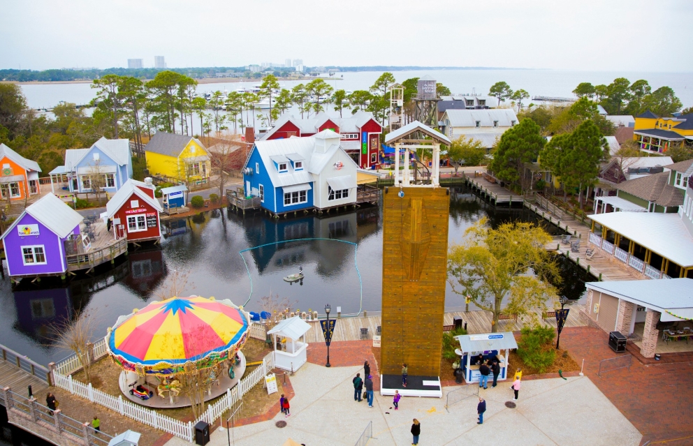 An aerial view of Baytowne Wharf in the daytime.
