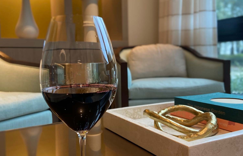 Wine glass in lobby of Hotel Effie