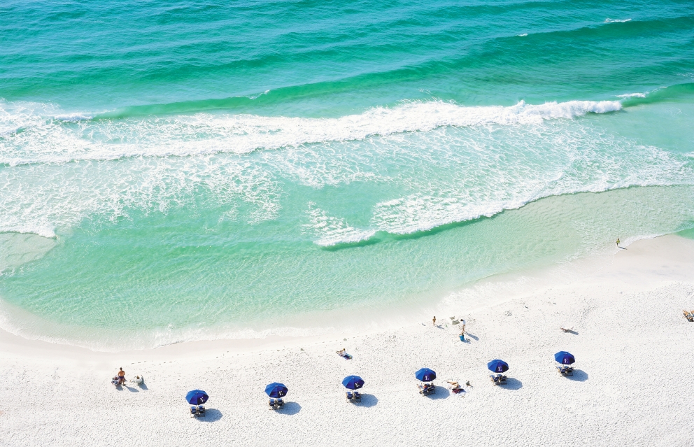 Aerial view of beach umbrellas by the water