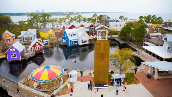 An aerial view of Baytowne Wharf in the daytime.