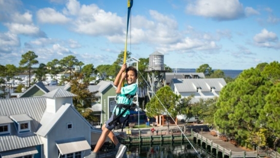 Kid zip lining over Baytowne wharf