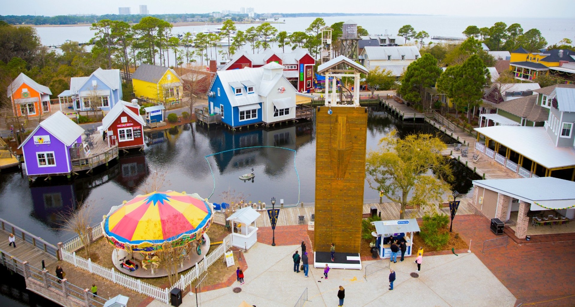 An aerial view of Baytowne Wharf in the daytime.