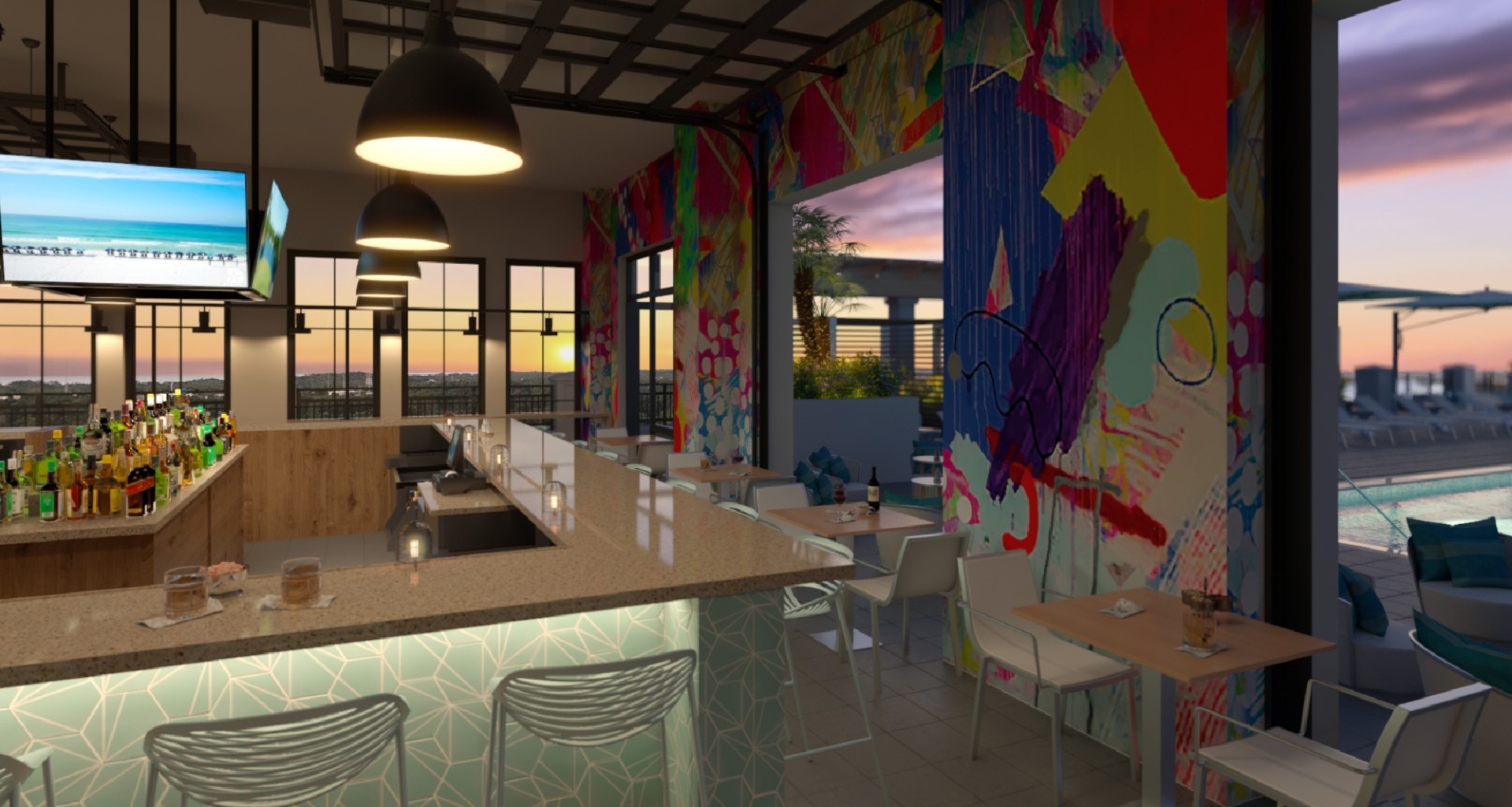The custom graffiti mural at Ara Pool & Lounge