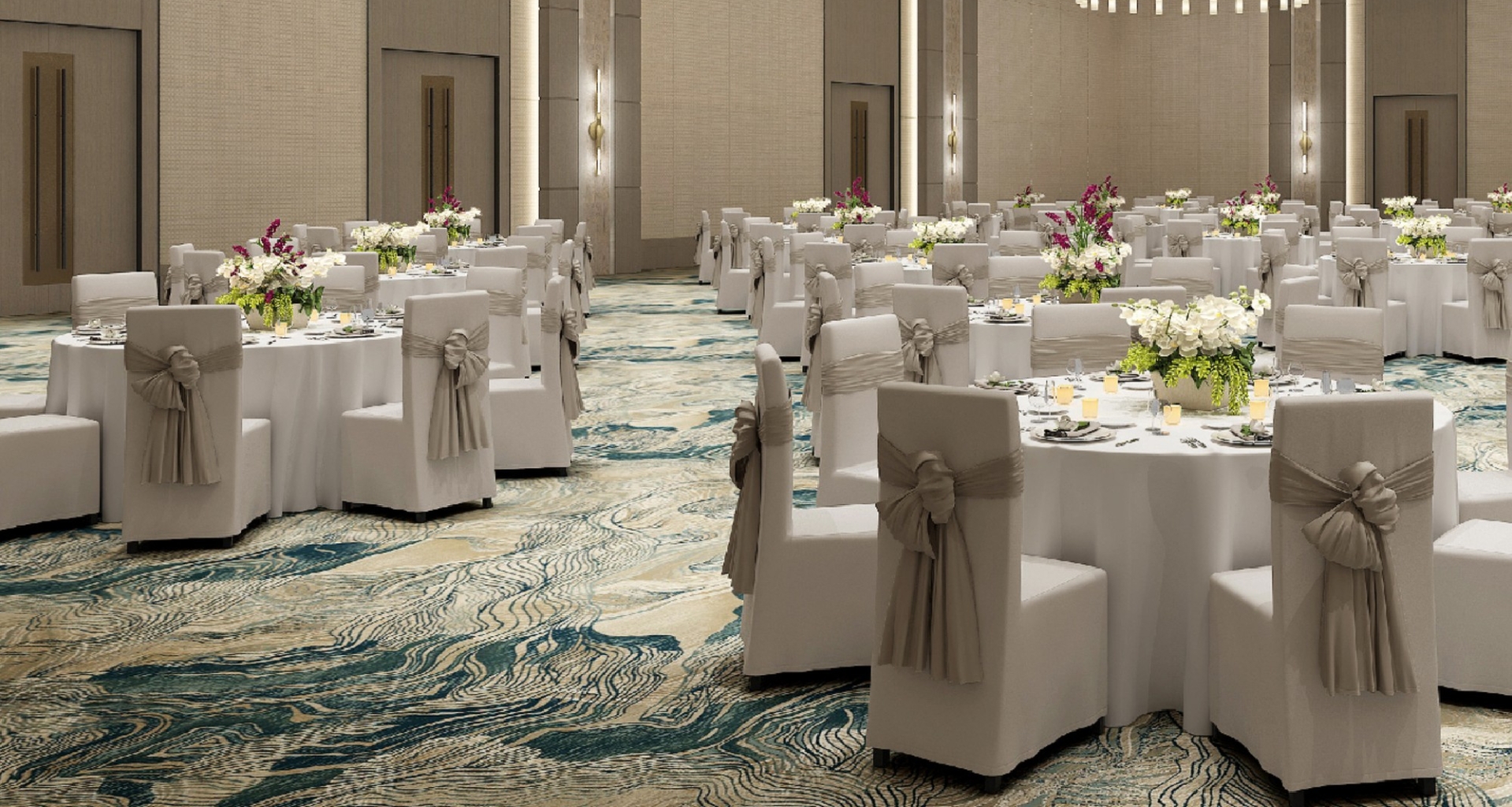 The elderberry ballroom at Hotel Effie set up for an elegant wedding. 