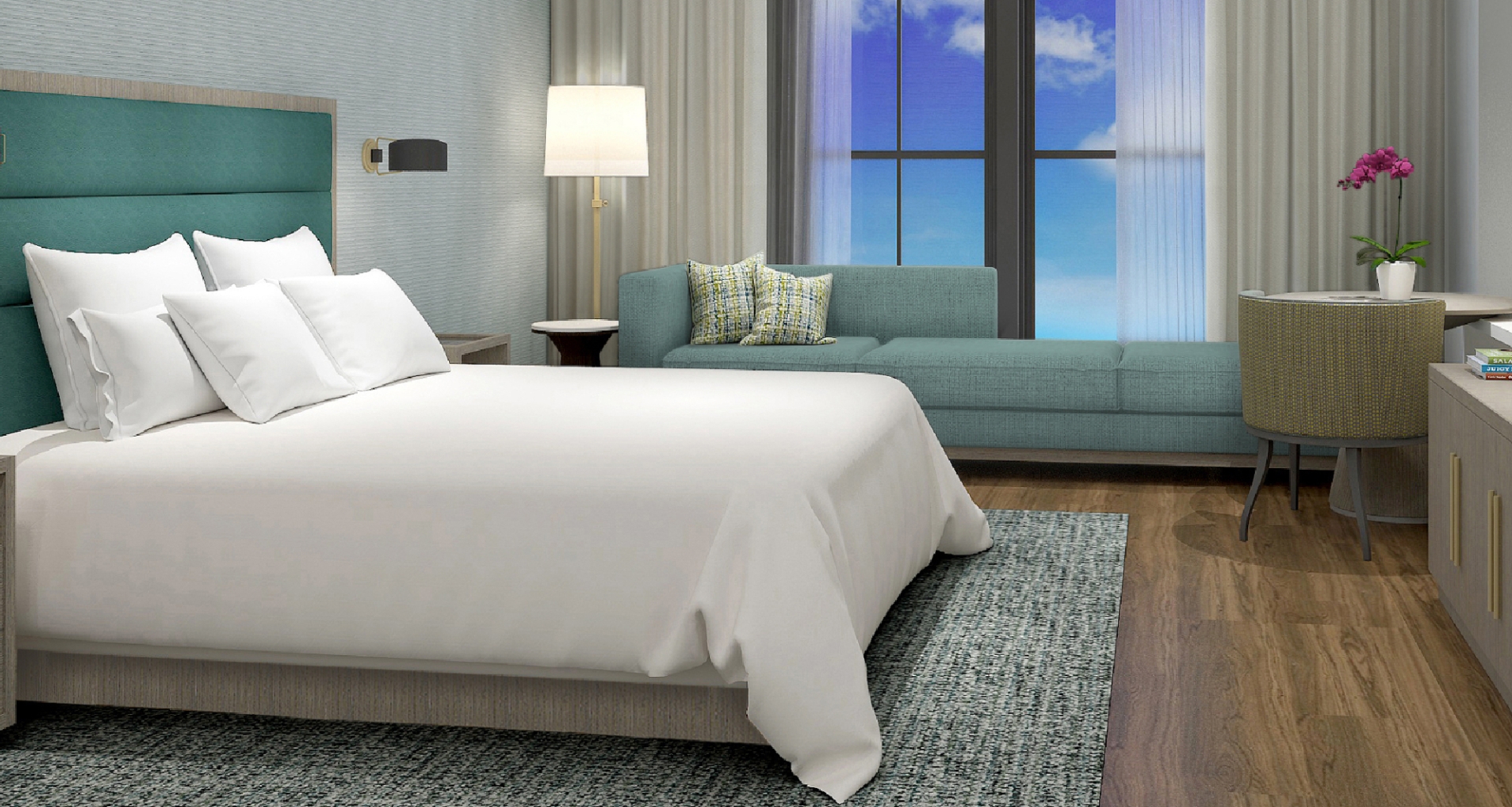 guest room filled with bright lights and white linens.