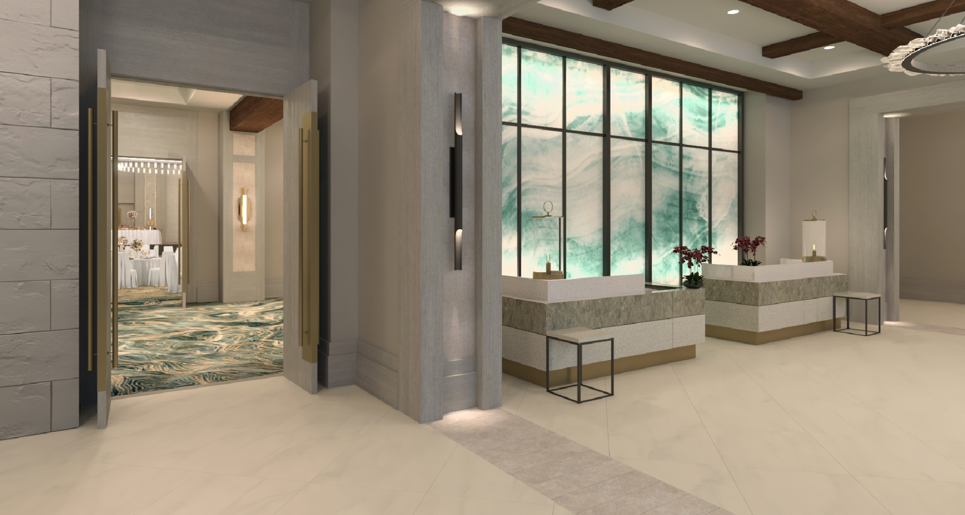 The lobby at hotel effie, leading into the Juniper ballroom.