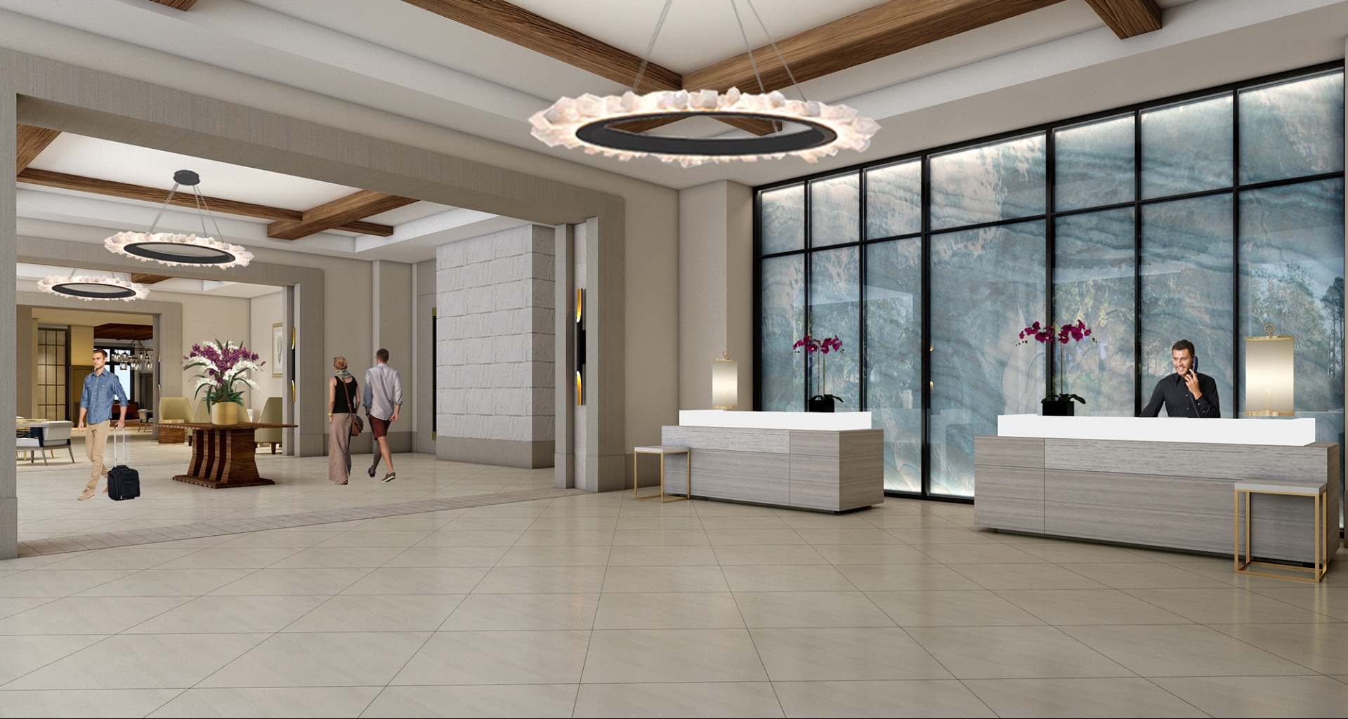 The lobby at hotel effie being explored by guests