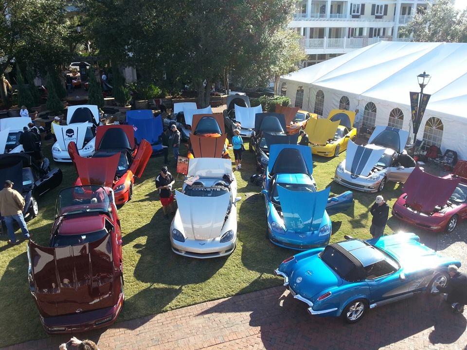 A gathering of Chevrolet Corvettes on the Hotel Effie Village lawn