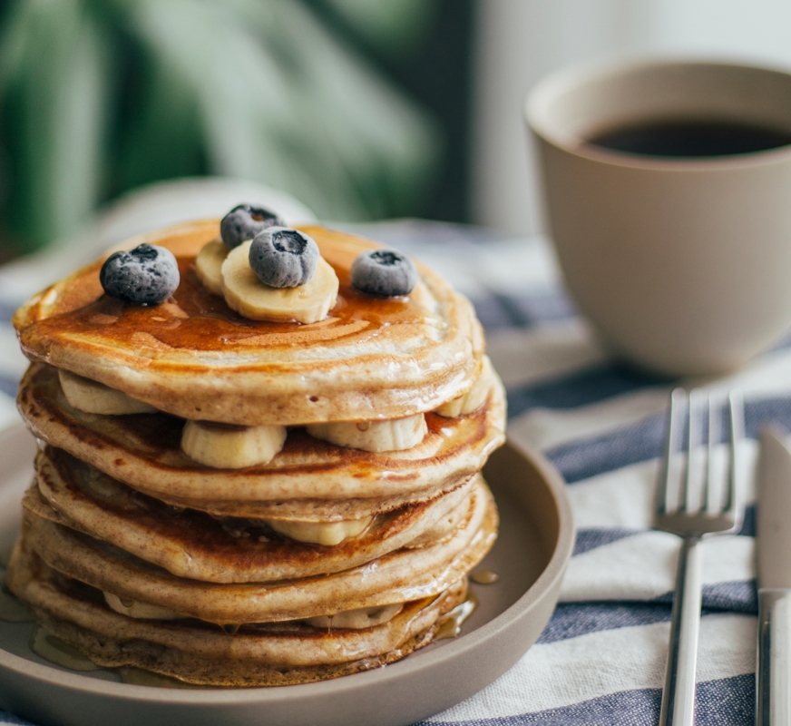 A stack of banana and blueberry pancakes from Hotel Effie